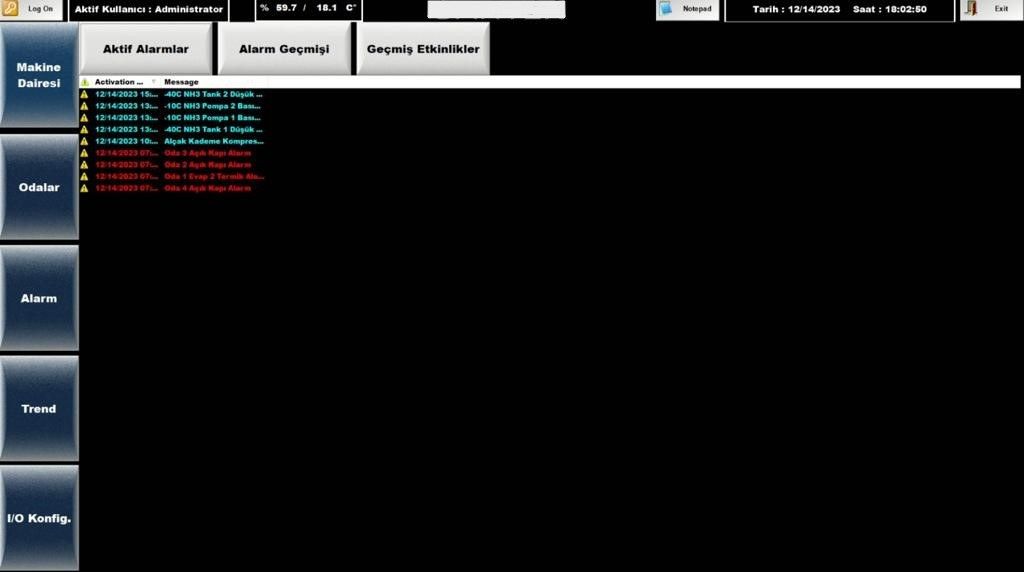 SCADA aktif alarm ve alarm geçmişi ekranı